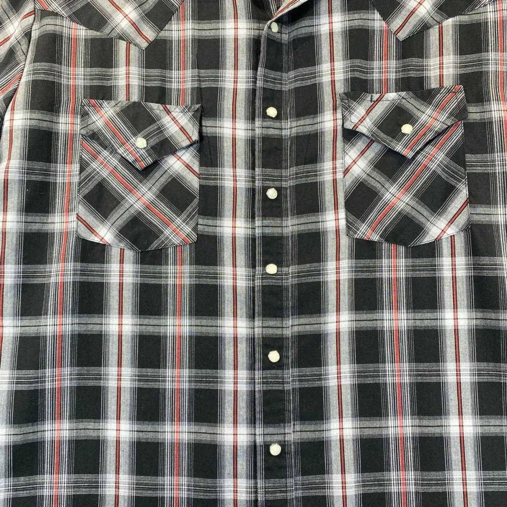 Plains Western Wear Men Large Tall Pearl Snap Shirt Short Sleeve Plaid Black Red
